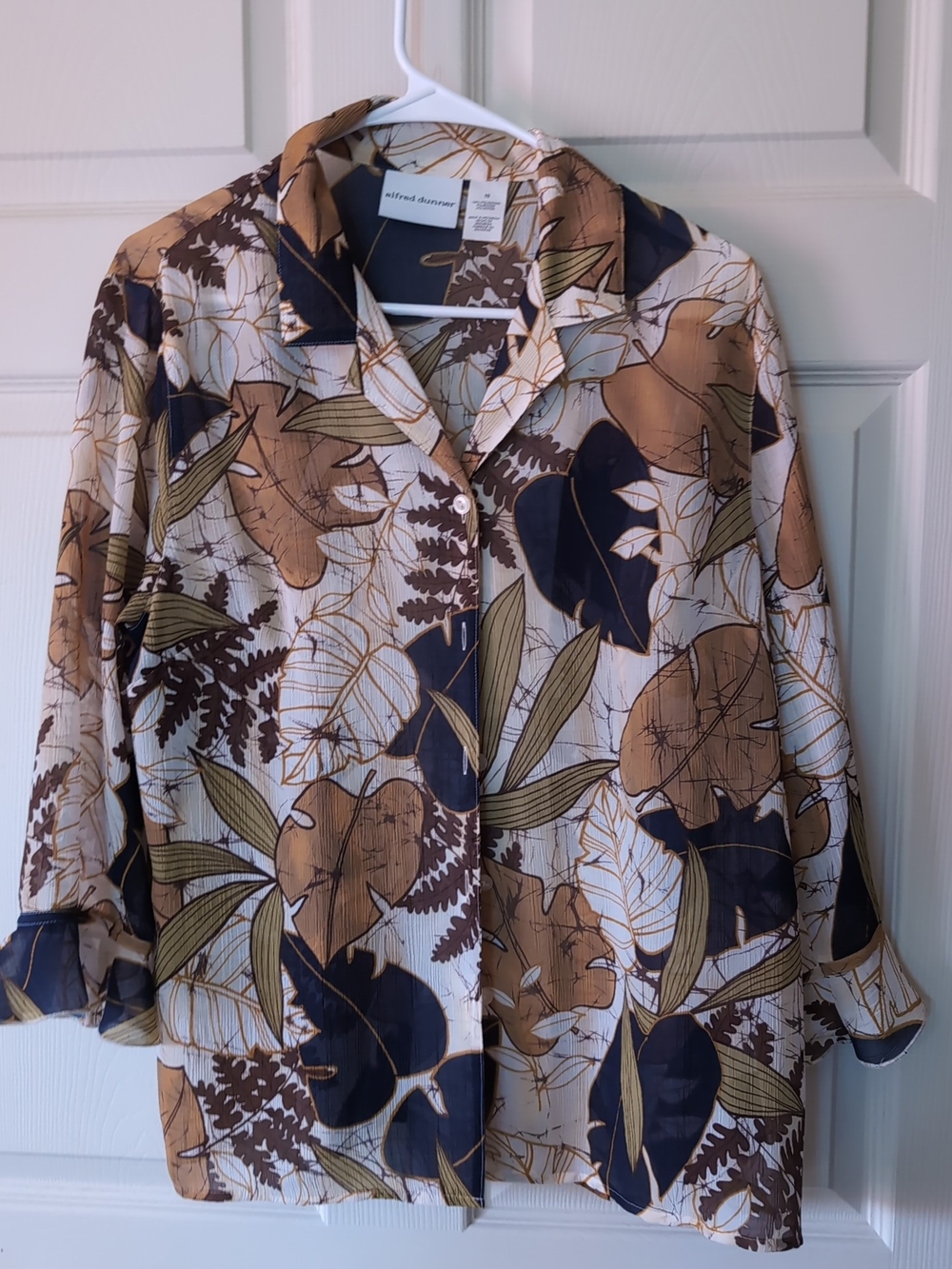 Alfred Dunner Tropical Leaf Button-Up Blouse - Navy, Brown, Olive